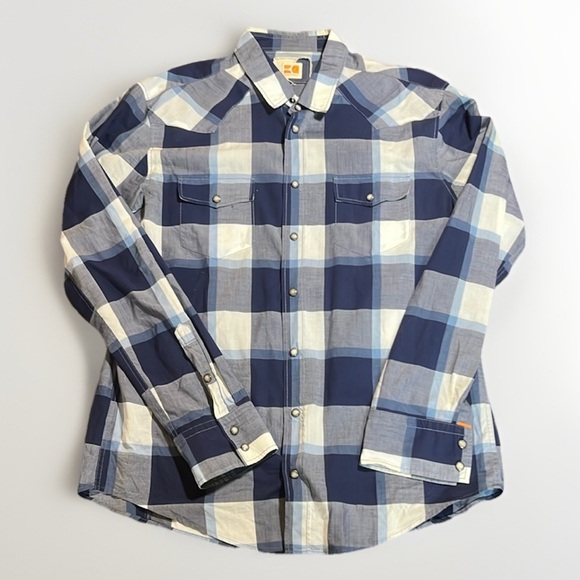 BOSS Orange Blue White Plaid Western Pearl Snap men's Button Down sz XL - Picture 1 of 10
